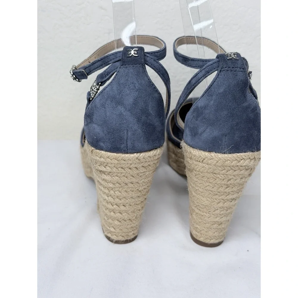 Sam Edelman Espadrille Wedge Sandals Womens Size 7.5 Blue Suede Ankle Strappy